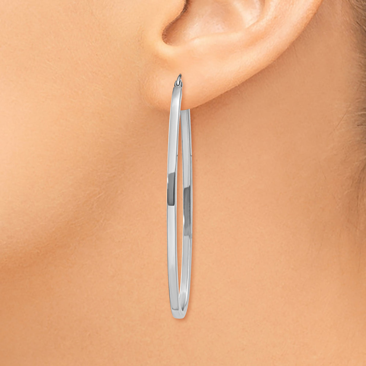 14k White Gold Elongated Oval Hoop Earrings, Polished Minimalist Design for Women