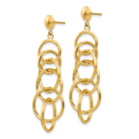 14k Yellow Gold Dangle Earrings with Interlocking Open Circles and Geometric Drop Design