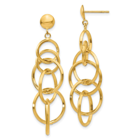 14k Yellow Gold Dangle Earrings with Interlocking Open Circles and Geometric Drop Design