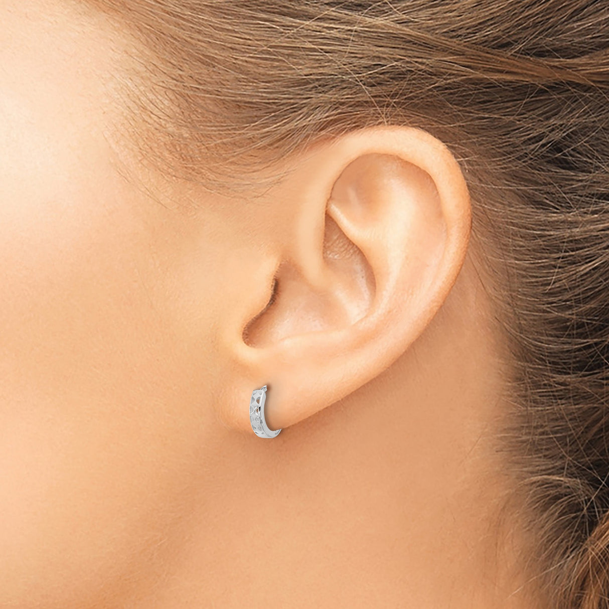 14k White Gold Huggie Hoop Earrings, Polished Finish with Bow Heart Design for Women