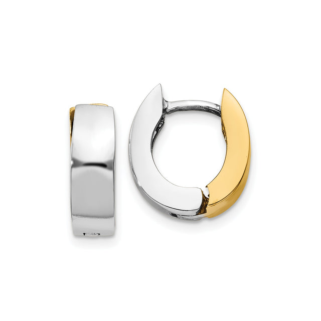14k Two Tone Gold Hoop Earrings, Yellow and White Gold Huggie Style, Unisex Minimalist Design