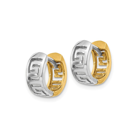 14k Two Tone Gold Hoop Earrings with Greek Key Design, Yellow and White Gold Hinged Hoops
