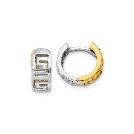 14k Two Tone Gold Hoop Earrings with Greek Key Design, Yellow and White Gold Hinged Hoops
