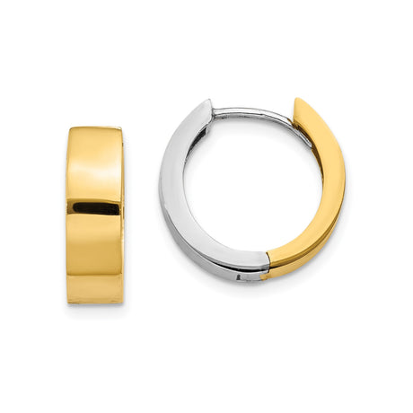 14k Two-Tone Gold Hoop Earrings, Round Yellow and White Gold, Unisex Hinged Design