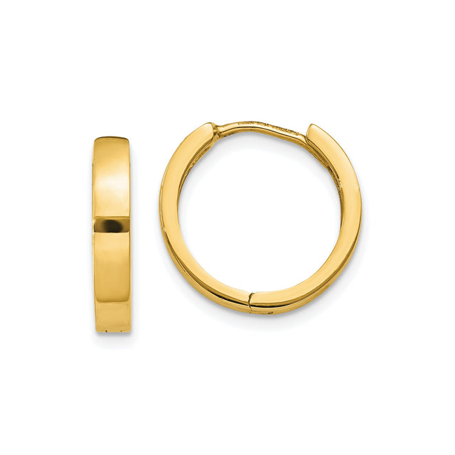 14k Yellow Gold Hoop Earrings, Smooth Polished Finish, Hinged Closure, Unisex 12mm Hoops