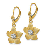 14k Yellow Gold Drop Earrings with Textured Petals and Rhodium Center Floral Design