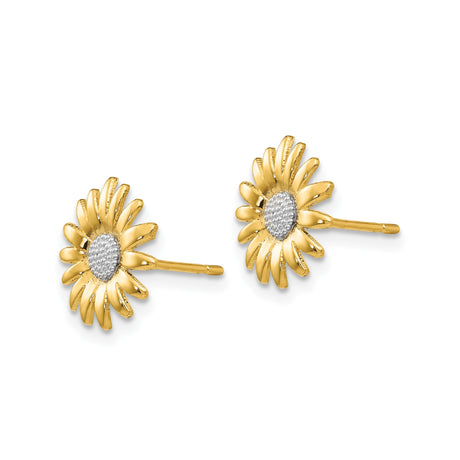 14k Yellow Gold Sunflower Stud Earrings with Rhodium Textured Center, Nature-Inspired Design