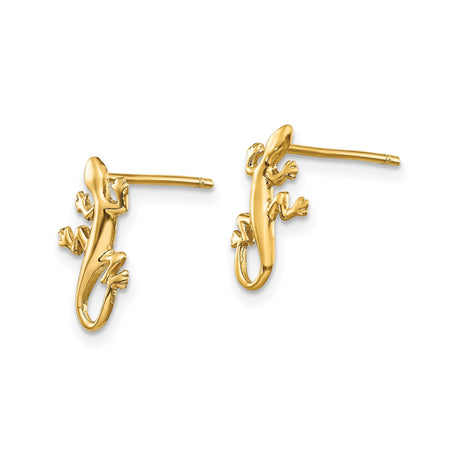 14k Yellow Gold Stud Earrings with Detailed Gecko Lizard Design, Unisex Animal Motif Jewelry