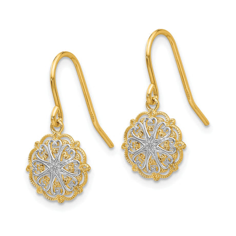 14k Yellow Gold Earrings, Two-Tone Dangle Style with Vintage Floral Filigree Design