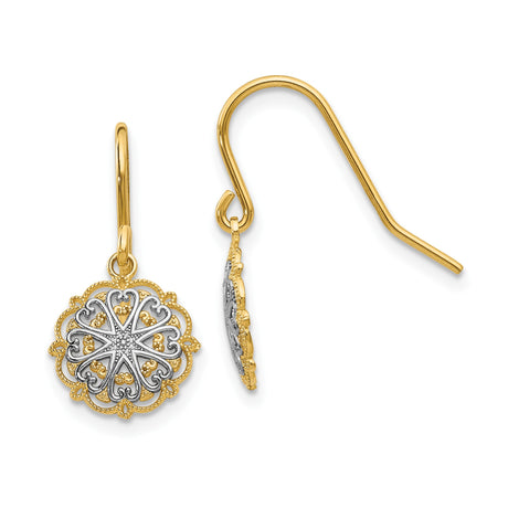 14k Yellow Gold Earrings, Two-Tone Dangle Style with Vintage Floral Filigree Design