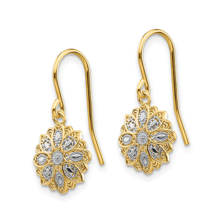 14k Yellow Gold Drop Earrings, Two-Tone Floral Filigree Vintage Style for Women