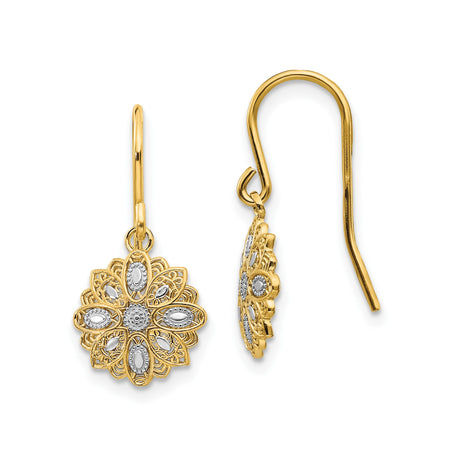 14k Yellow Gold Drop Earrings, Two-Tone Floral Filigree Vintage Style for Women