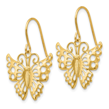 14k Yellow Gold Butterfly Dangle Earrings with Openwork Cutout Design for Women