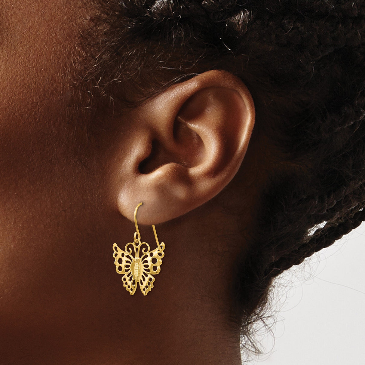 14k Yellow Gold Butterfly Dangle Earrings with Openwork Cutout Design for Women
