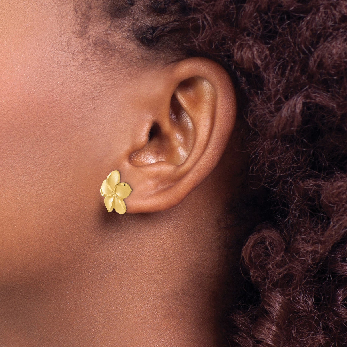 14k Yellow Gold Plumeria Flower Stud Earrings with Five Petal Design for Women