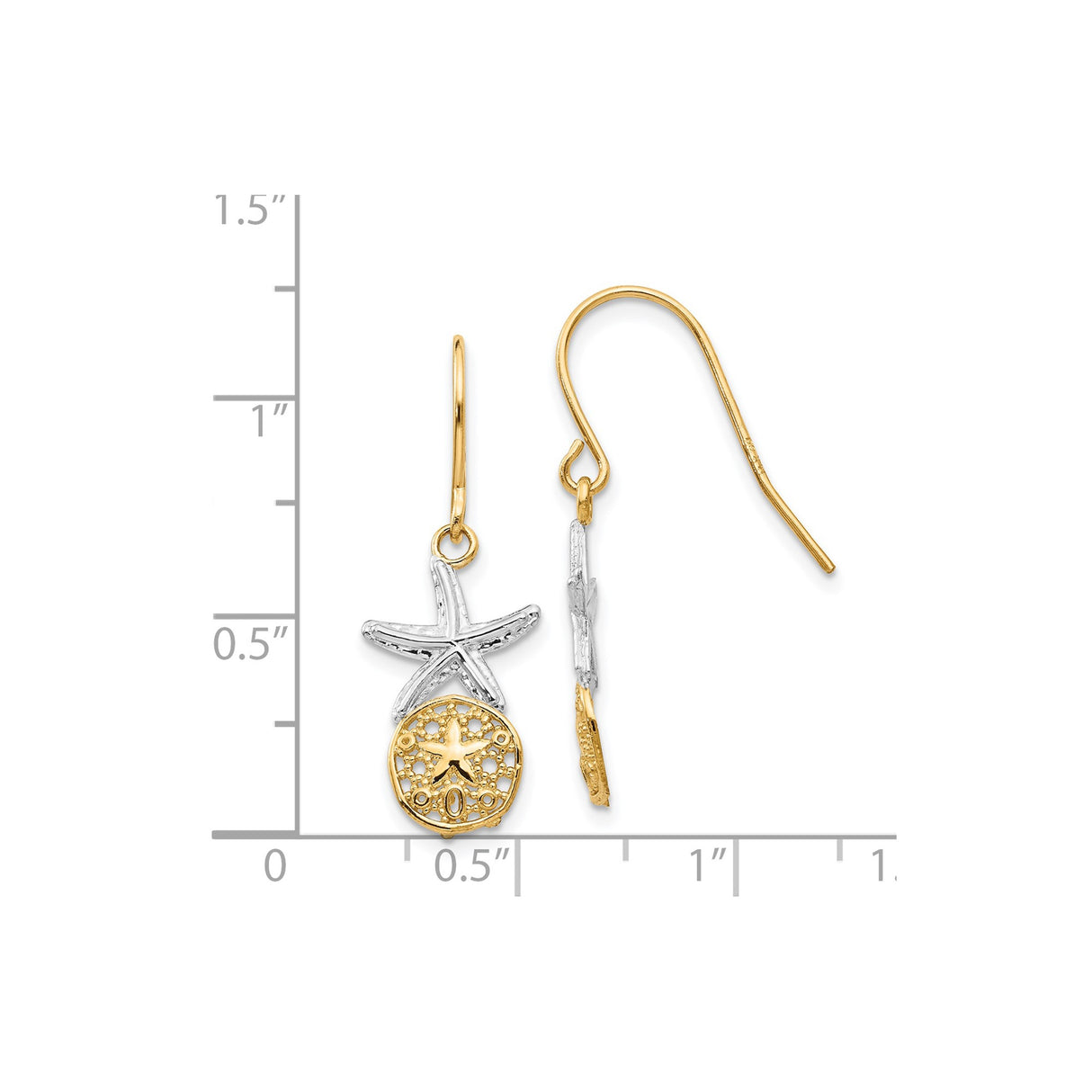 14k Yellow Gold Dangle Earrings with Starfish and Sand Dollar Nautical Accents for Women