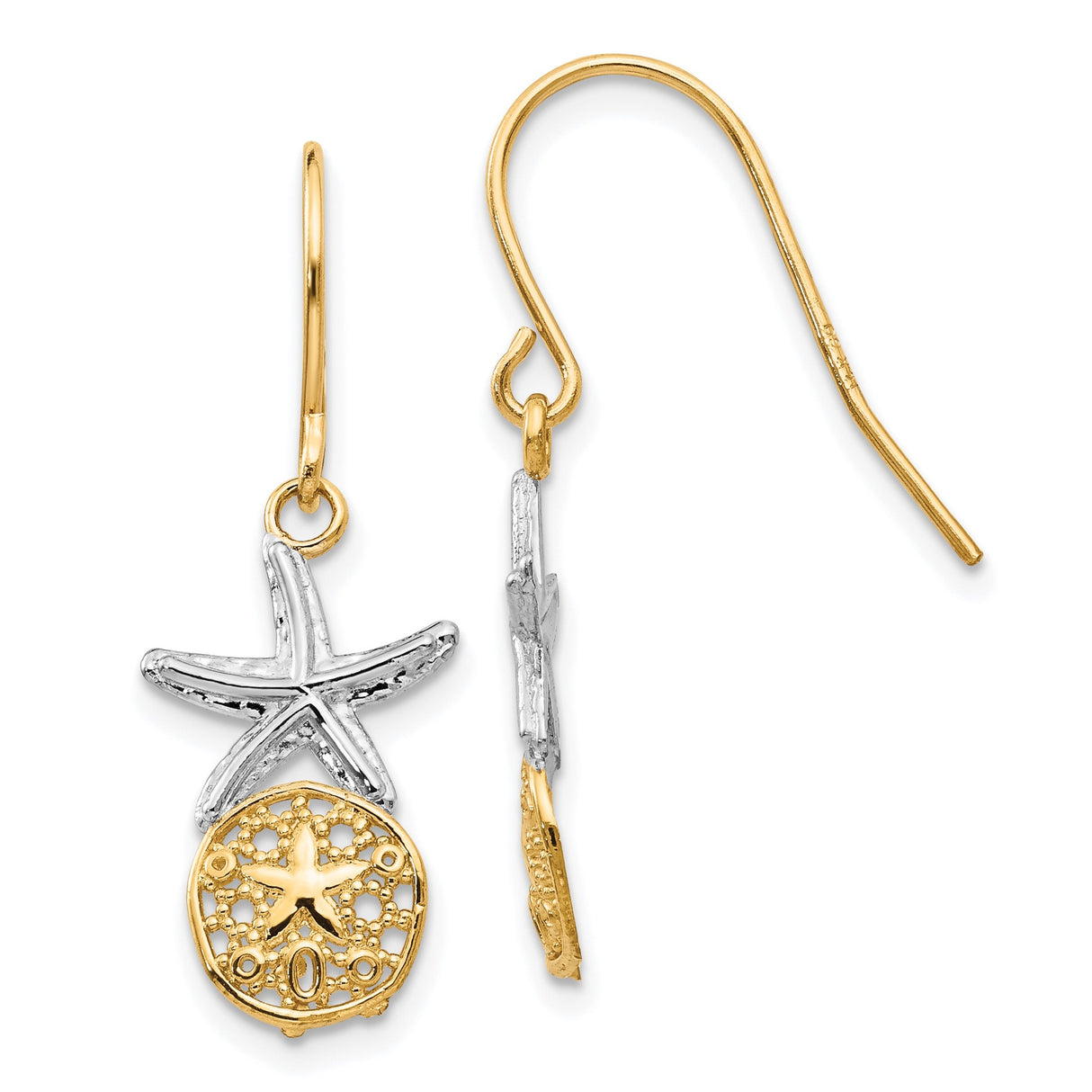 14k Yellow Gold Dangle Earrings with Starfish and Sand Dollar Nautical Accents for Women