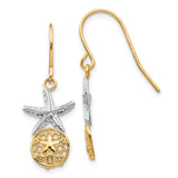 14k Yellow Gold Dangle Earrings with Starfish and Sand Dollar Nautical Accents for Women