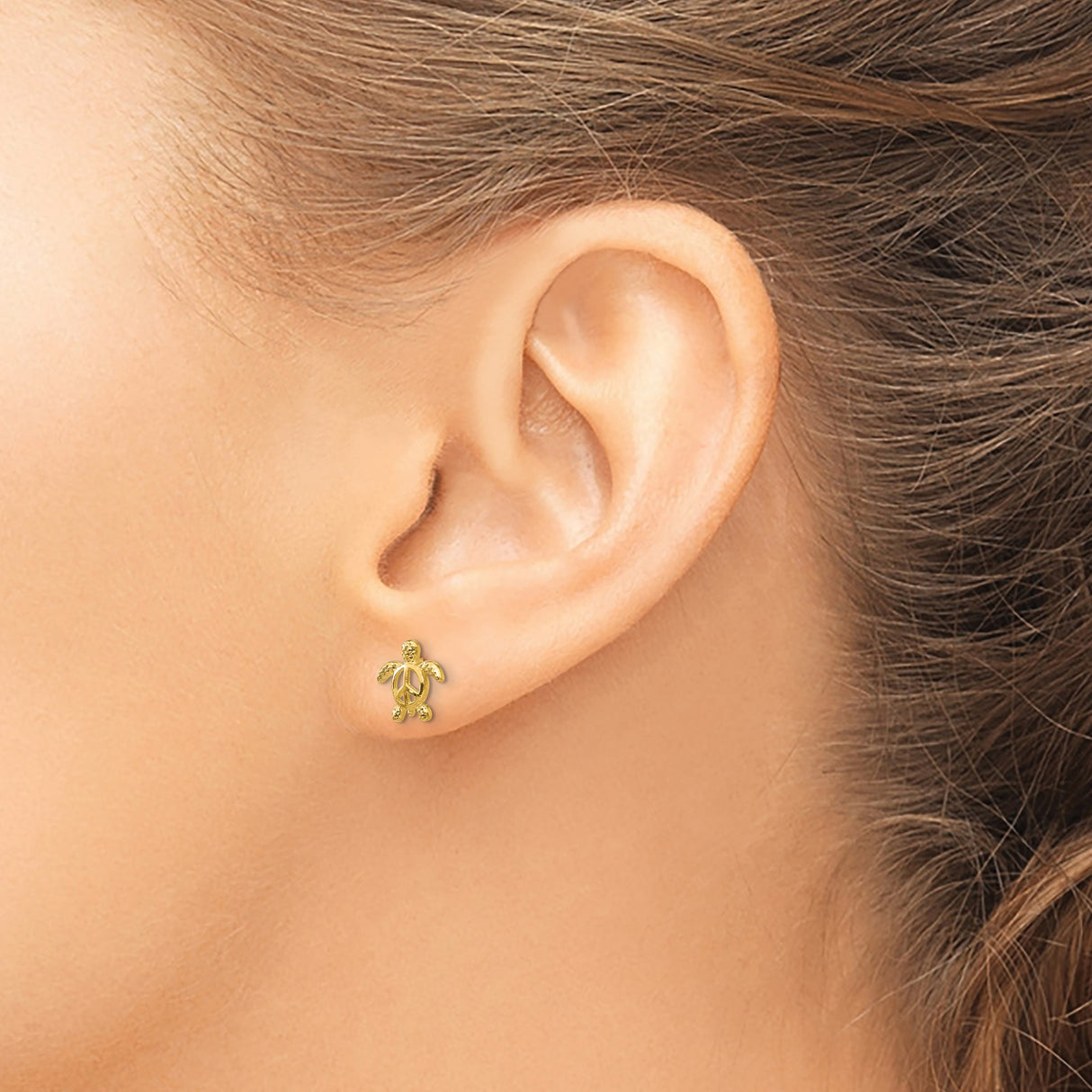 14k Yellow Gold Stud Earrings with Sea Turtle and Peace Symbol Design, Boho Ocean Theme