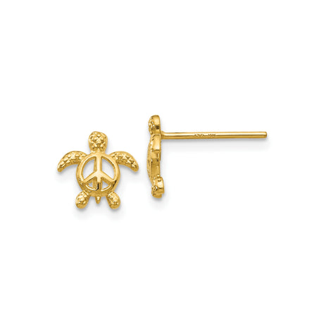 14k Yellow Gold Stud Earrings with Sea Turtle and Peace Symbol Design, Boho Ocean Theme