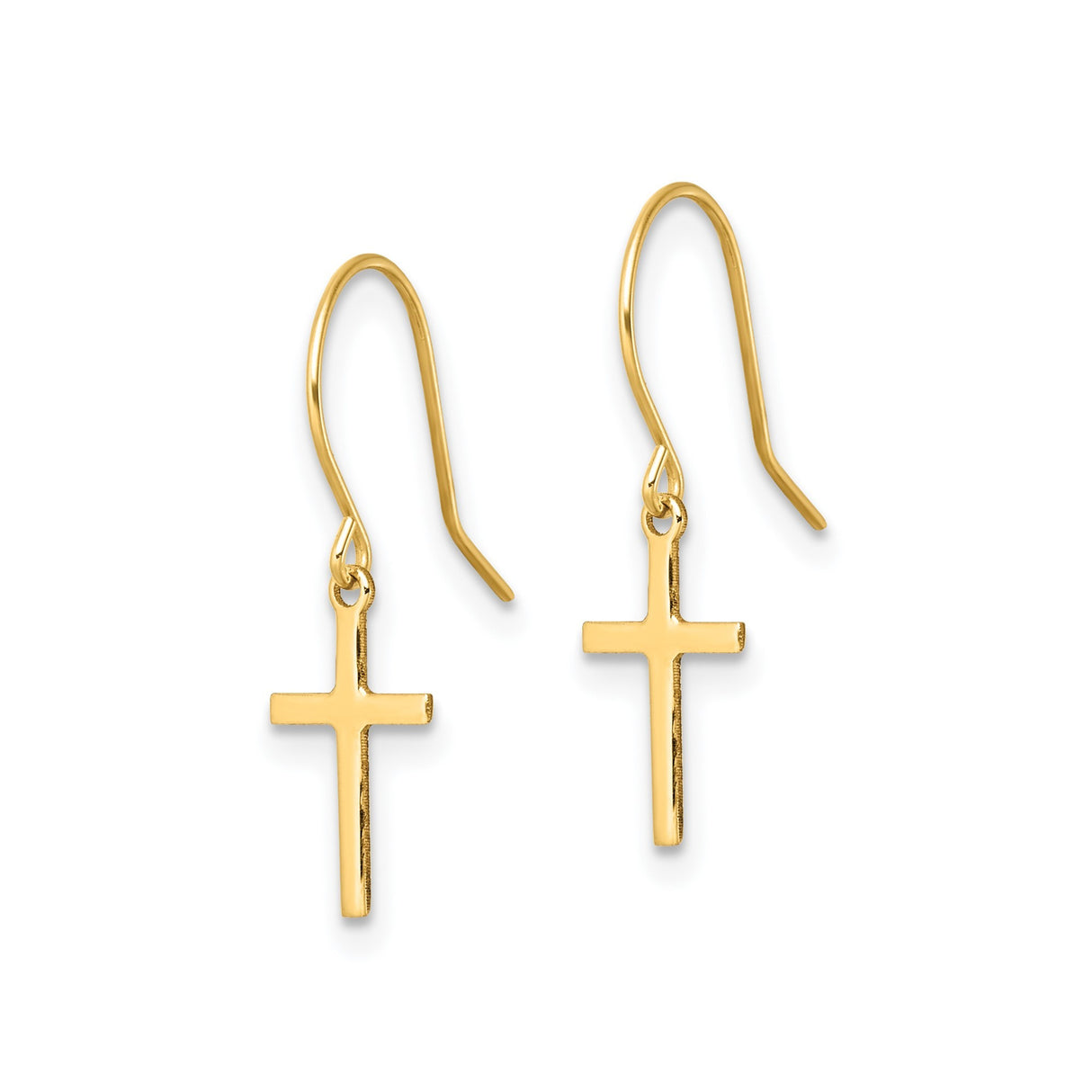 14k Yellow Gold Dangle Cross Earrings with Long Shepherd Hooks, Minimalist Faith Design for Women