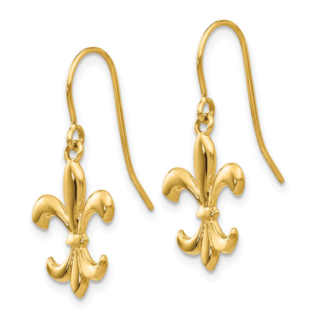 14k Yellow Gold Dangle Earrings, Fleur de Lis French Motif Heritage Design for Women