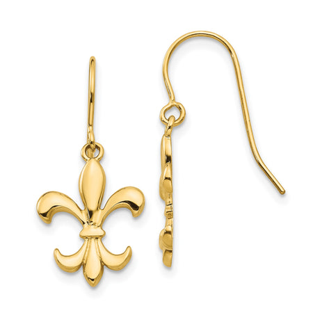 14k Yellow Gold Dangle Earrings, Fleur de Lis French Motif Heritage Design for Women