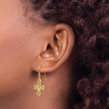 14k Yellow Gold Drop Earrings with Rhodium Filigree Fleur de Lis Design, French Inspired Style for Women