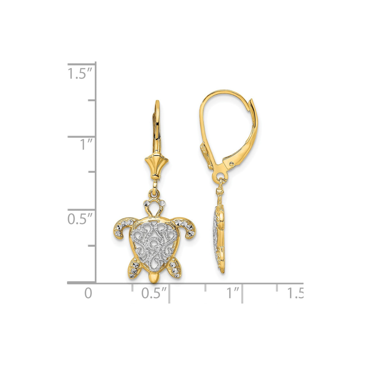 14k Yellow Gold Turtle Dangle Earrings, Two-Tone Filigree Sea Life Design for Women
