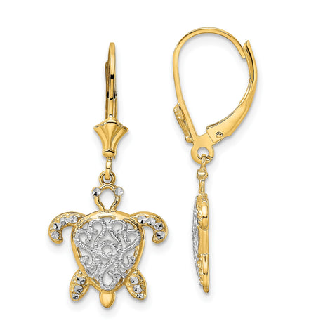 14k Yellow Gold Turtle Dangle Earrings, Two-Tone Filigree Sea Life Design for Women