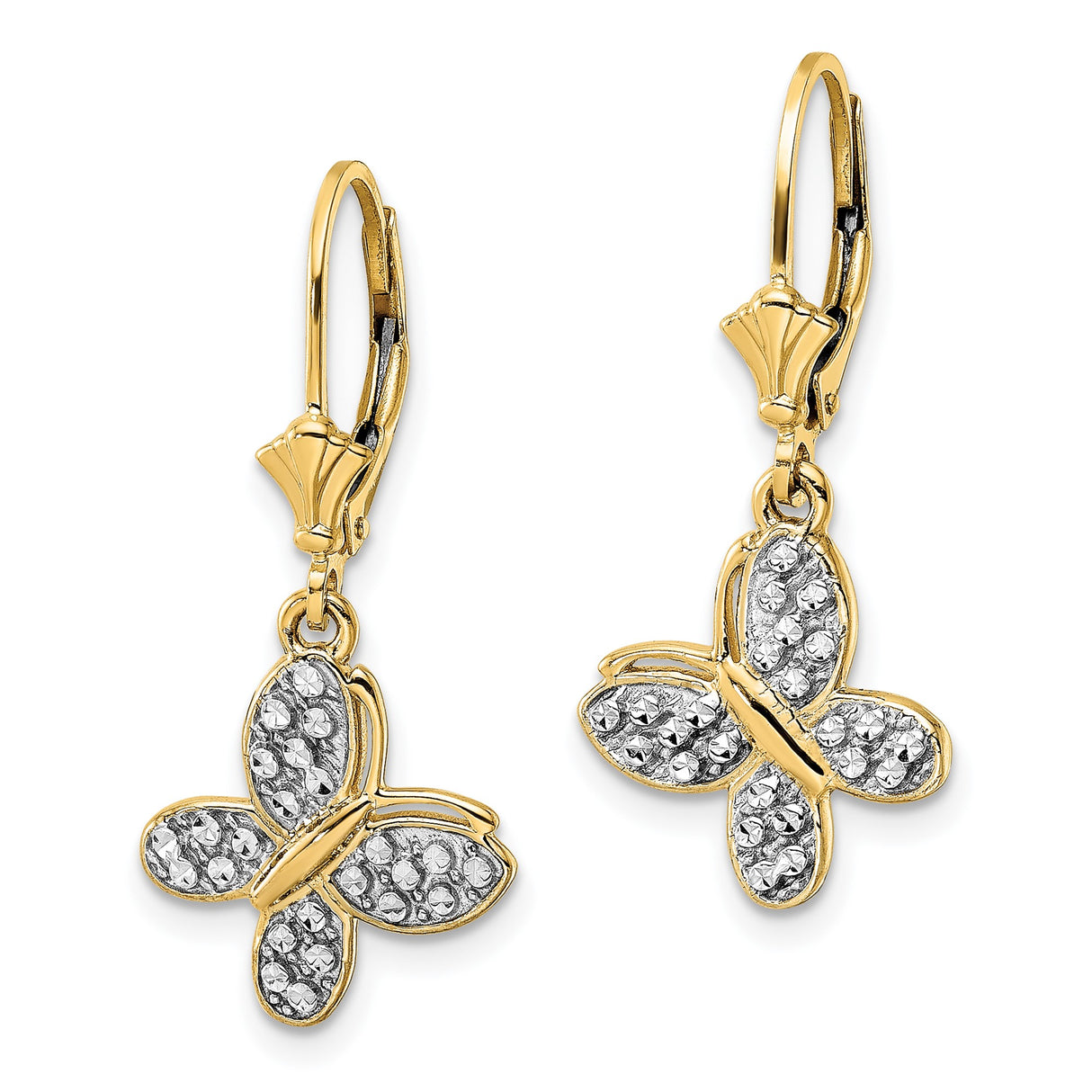 14k Yellow Gold Butterfly Drop Earrings with Textured Wings, Two-Tone Leverback Design