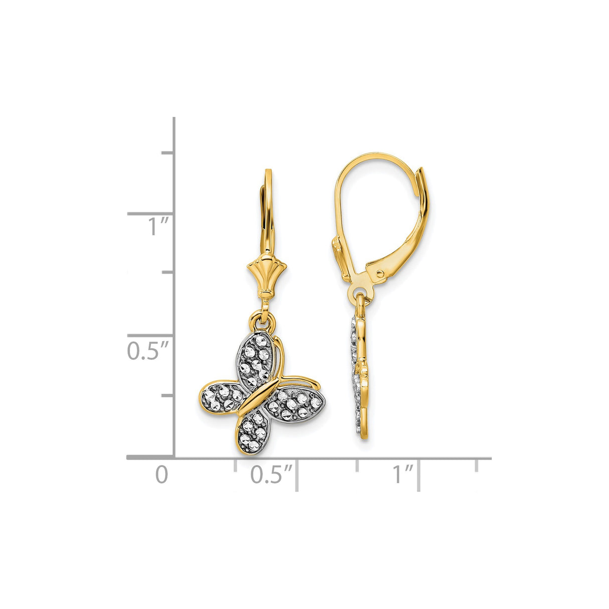 14k Yellow Gold Butterfly Drop Earrings with Textured Wings, Two-Tone Leverback Design