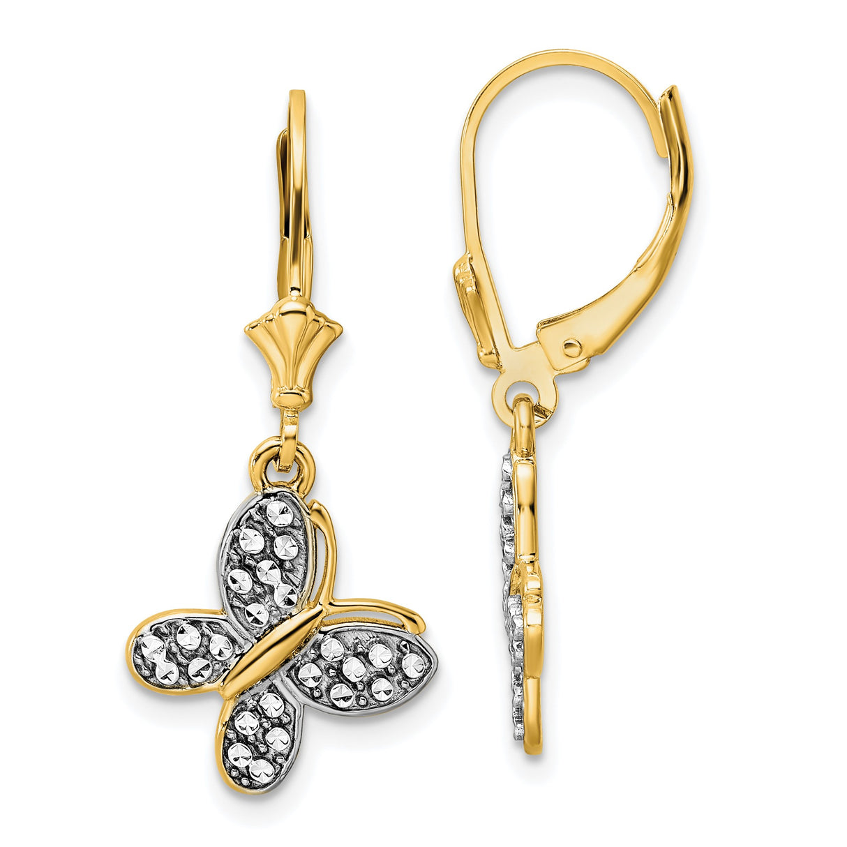 14k Yellow Gold Butterfly Drop Earrings with Textured Wings, Two-Tone Leverback Design