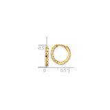 14k Yellow Gold Hoop Earrings, Textured Diamond Cut Design with Hinged Closure, Small Lightweight Hoops