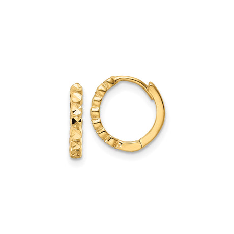 14k Yellow Gold Hoop Earrings, Textured Diamond Cut Design with Hinged Closure, Small Lightweight Hoops