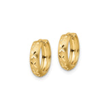 14k Yellow Gold Hoop Earrings, Textured Satin Finish with Floral Motif, Lightweight Design