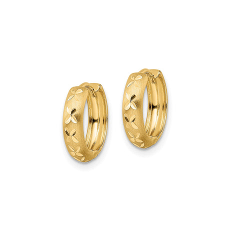 14k Yellow Gold Hoop Earrings, Textured Satin Finish with Floral Motif, Lightweight Design