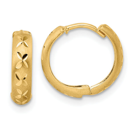 14k Yellow Gold Hoop Earrings, Textured Satin Finish with Floral Motif, Lightweight Design