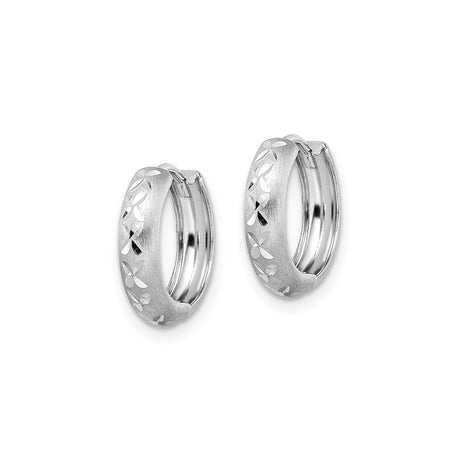 14k White Gold Hoop Earrings, Diamond-Cut Floral Pattern, Hinged Lightweight Design