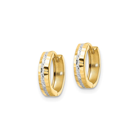 14k Yellow Gold Hoop Earrings, Hammered Two-Tone Textured Finish, Hinged Clasp, Lightweight Design