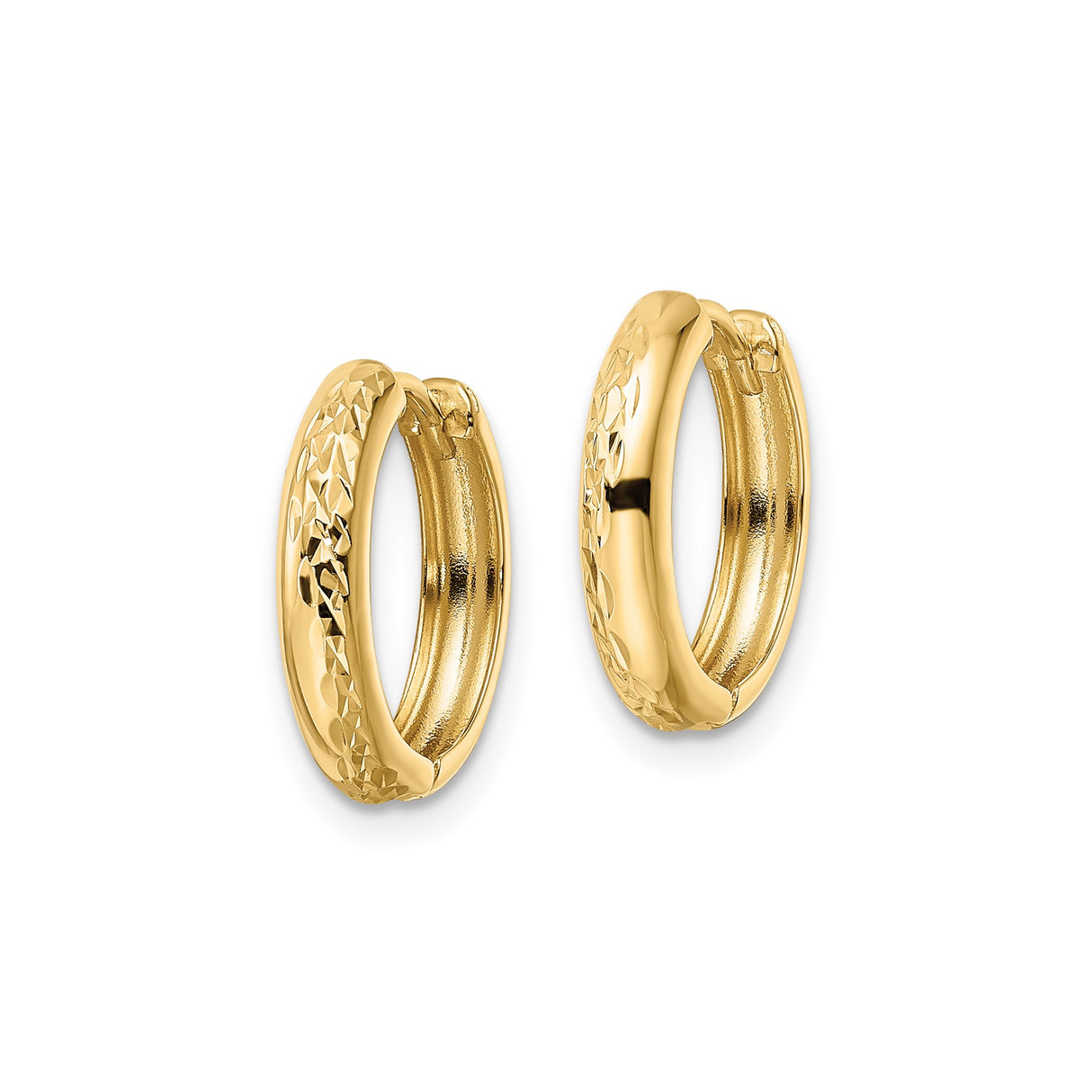 14k Yellow Gold Hoop Earrings, Diamond Cut Textured Design, Polished Lightweight Round Hoops