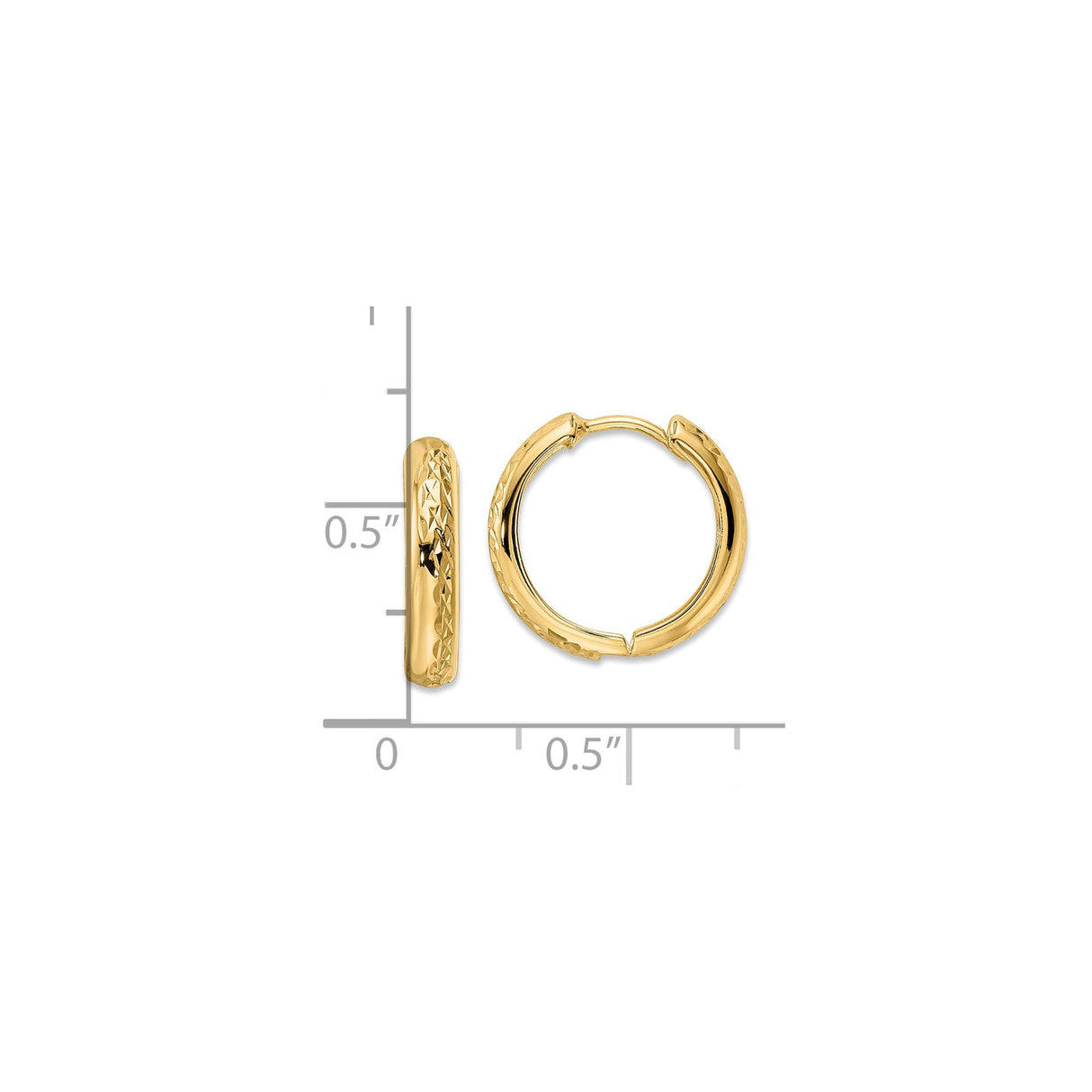 14k Yellow Gold Hoop Earrings, Diamond Cut Textured Design, Polished Lightweight Round Hoops