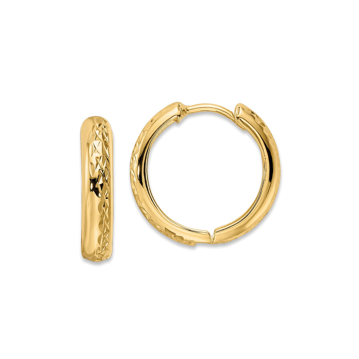 14k Yellow Gold Hoop Earrings, Diamond Cut Textured Design, Polished Lightweight Round Hoops
