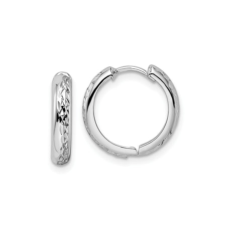14k White Gold Hoop Earrings with Diamond Cut Texture, Lightweight Polished Design