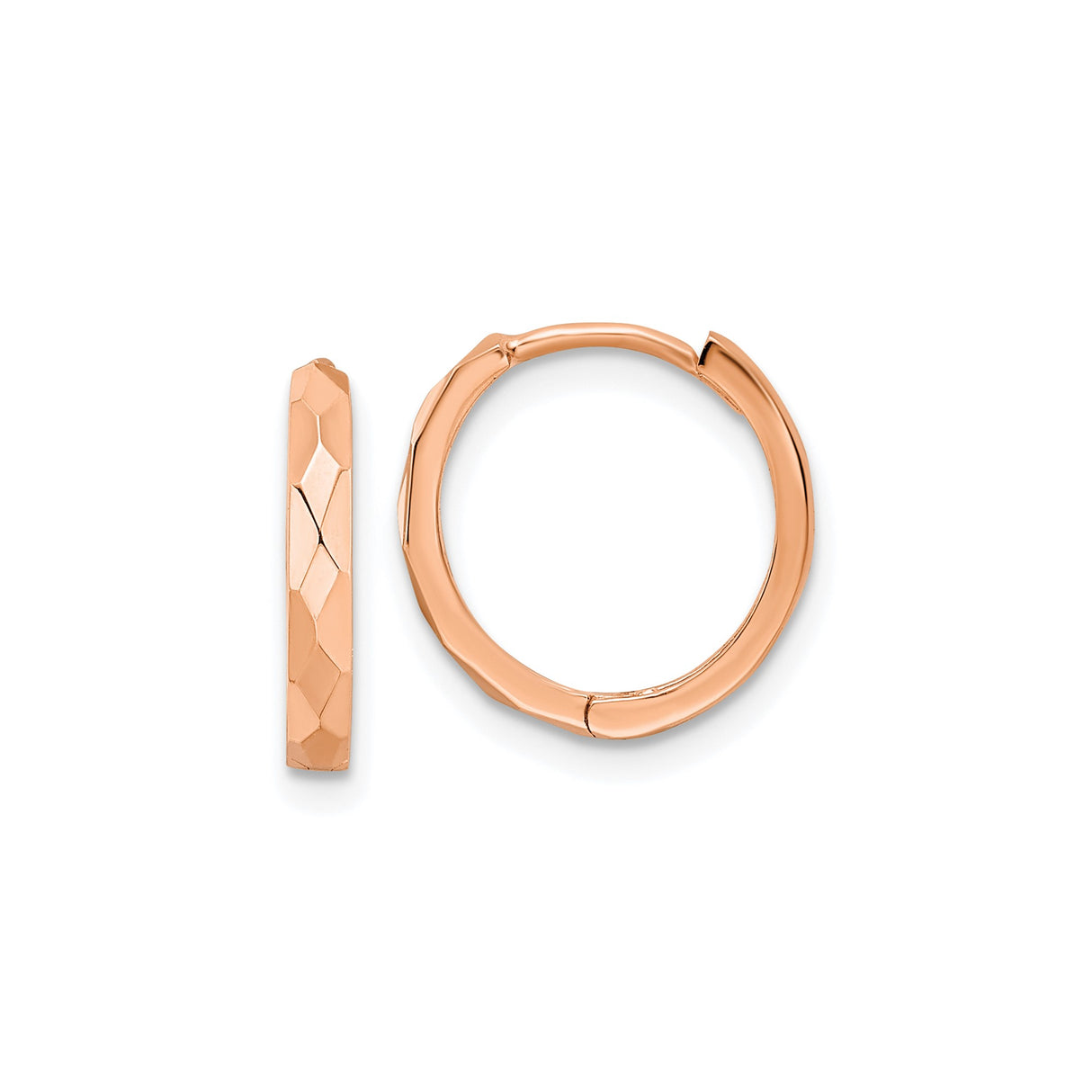 14k Rose Gold Hoop Earrings, Faceted Diamond Cut, Polished Minimalist Style for Women