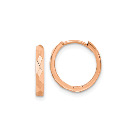 14k Rose Gold Hoop Earrings, Faceted Diamond Cut, Polished Minimalist Style for Women