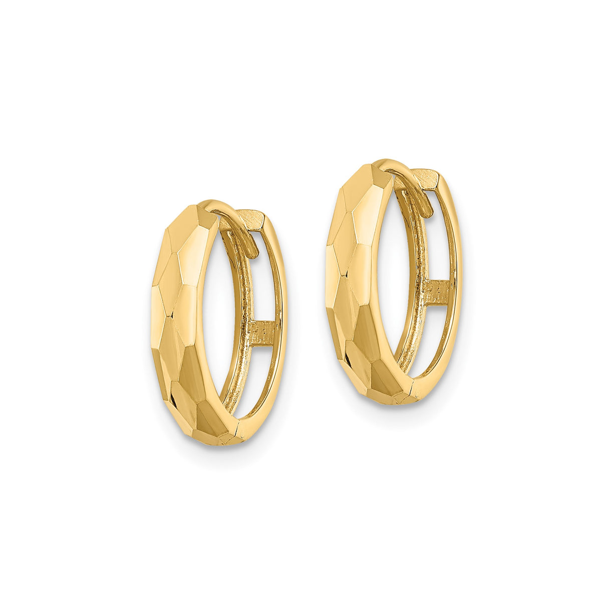 14k Yellow Gold Hoop Earrings, Faceted Hexagon Design, Textured Lightweight Style