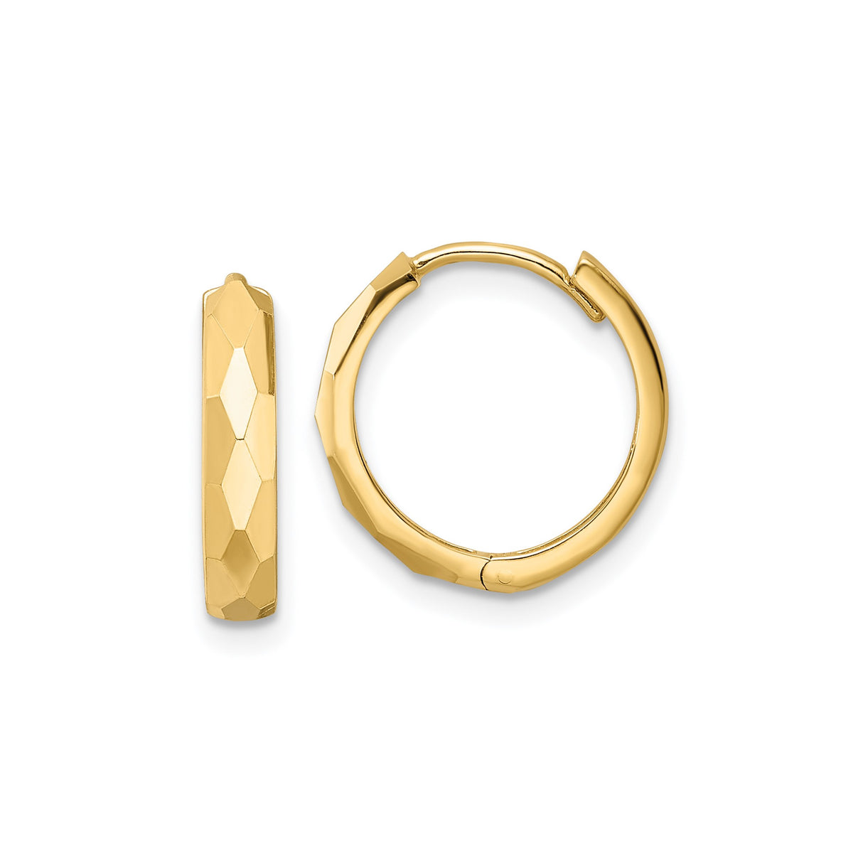 14k Yellow Gold Hoop Earrings, Faceted Hexagon Design, Textured Lightweight Style