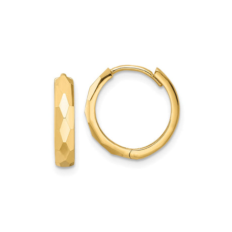 14k Yellow Gold Hoop Earrings, Faceted Hexagon Design, Textured Lightweight Style