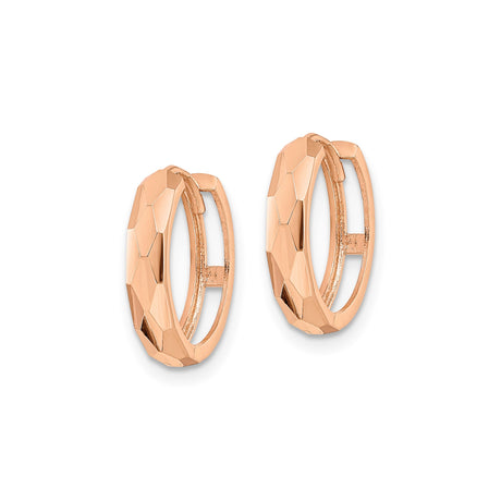 14k Rose Gold Hoop Earrings, Lightweight Faceted Hexagonal Texture, Minimalist Style for Women